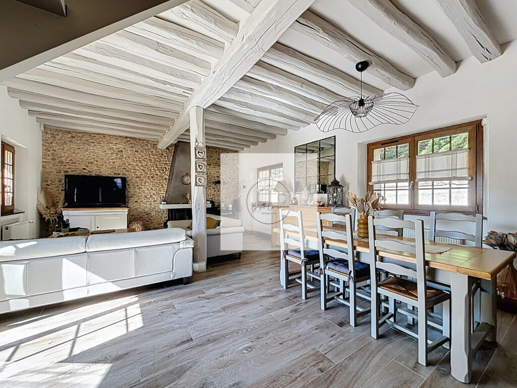 Séjour 2 depuis entrée longère rénové charme ancien poutres village tranquillité Dreux Boissy-en-Drouais